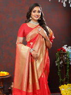 Lorenvalley Fashion Red Soft Silk Woven Design Gold Zari Weaving Saree
