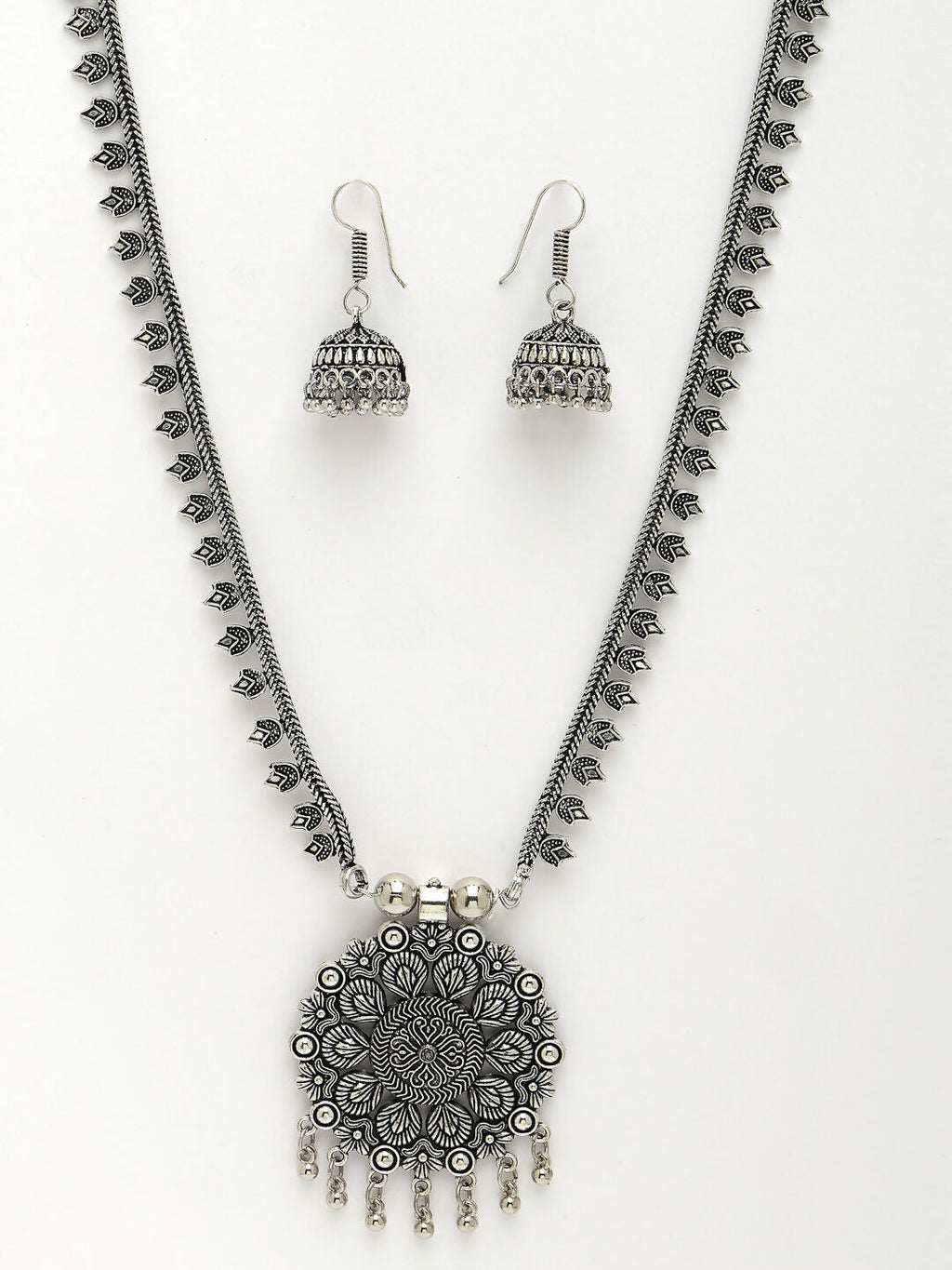 NVR Women's Silver-Toned Floral Shape Oxidized Necklace with Jhumka Earrings