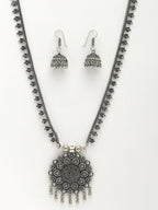 NVR Women's Silver-Toned Floral Shape Oxidized Necklace with Jhumka Earrings