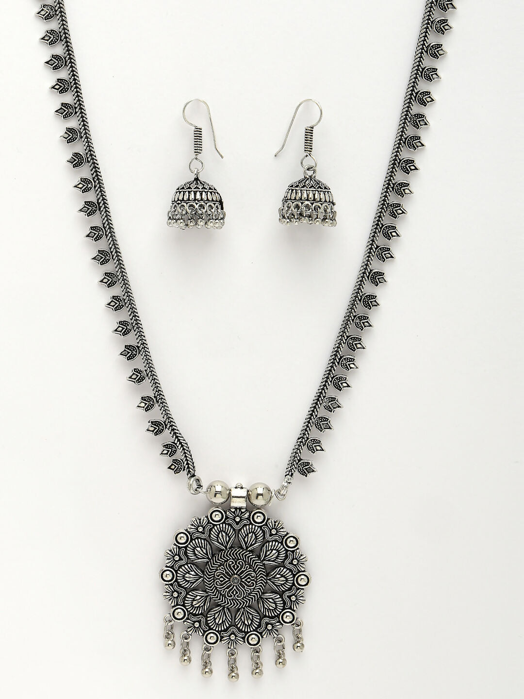 NVR Women's Silver-Toned Floral Shape Oxidized Necklace with Jhumka Earrings
