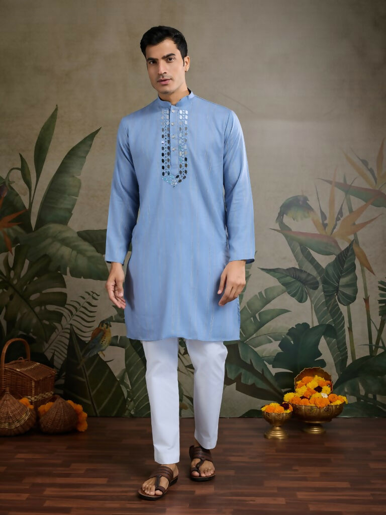 Vastranavya Light Blue Exclusive Viscose Silk Festival Wear Real Mirror Work Kurta with Dupatta
