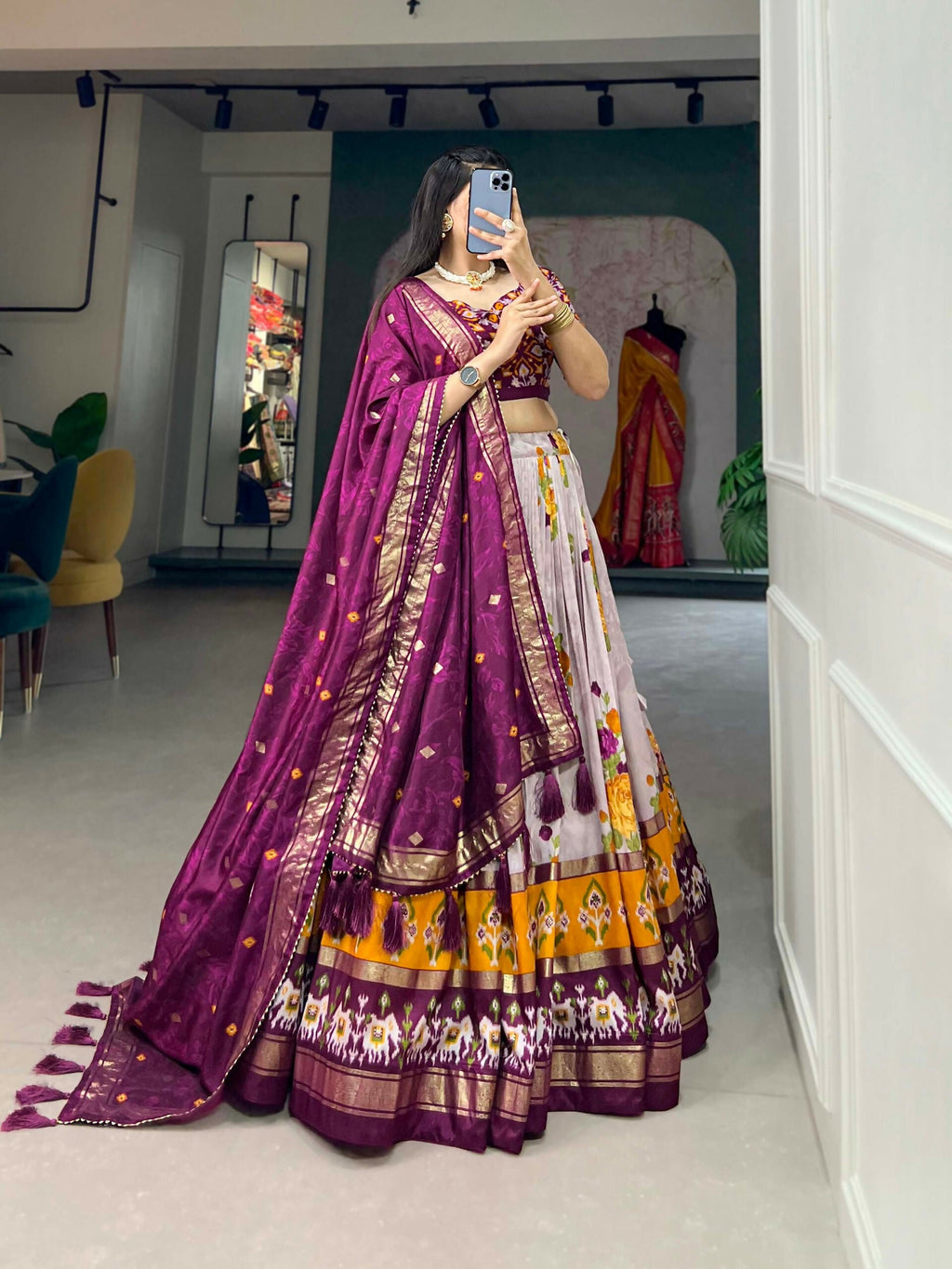 Vastranavya Floral And Patola Print With Foil Work Lehenga with Unstitched Blouse - Wine