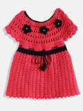Chutput Kids Woollen Hand Knitted Short Sleeves Flower Detail Dress For Baby Girls - Pink