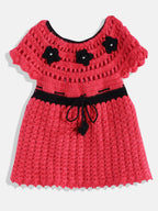 Chutput Kids Woollen Hand Knitted Short Sleeves Flower Detail Dress For Baby Girls - Pink
