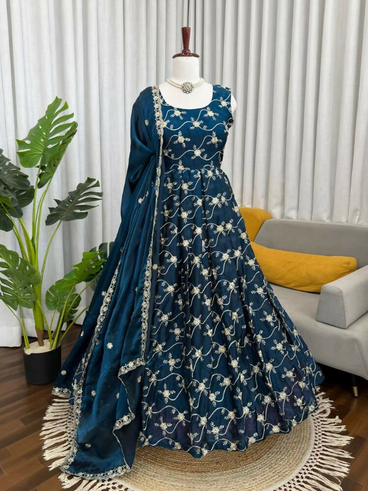Teeya Creation Blue Color Fendy Silk Heavy Embroidery Work Wedding Wear Long Gown - Distacart