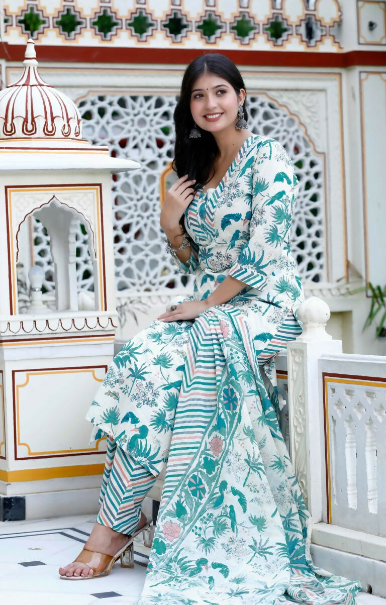 Miravan Women's Light Green Scenic Birds And Leaf Straight Pakistani Style Suit Set
