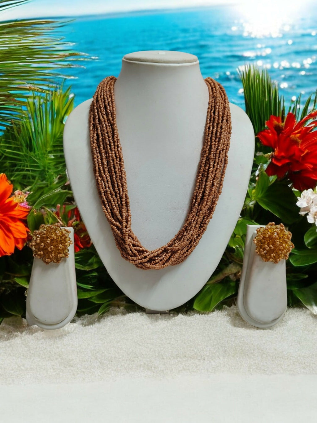 Inhanns Vibrant Handmade 20 Layers Beaded Necklace With Matching Earrings - Sandalwood