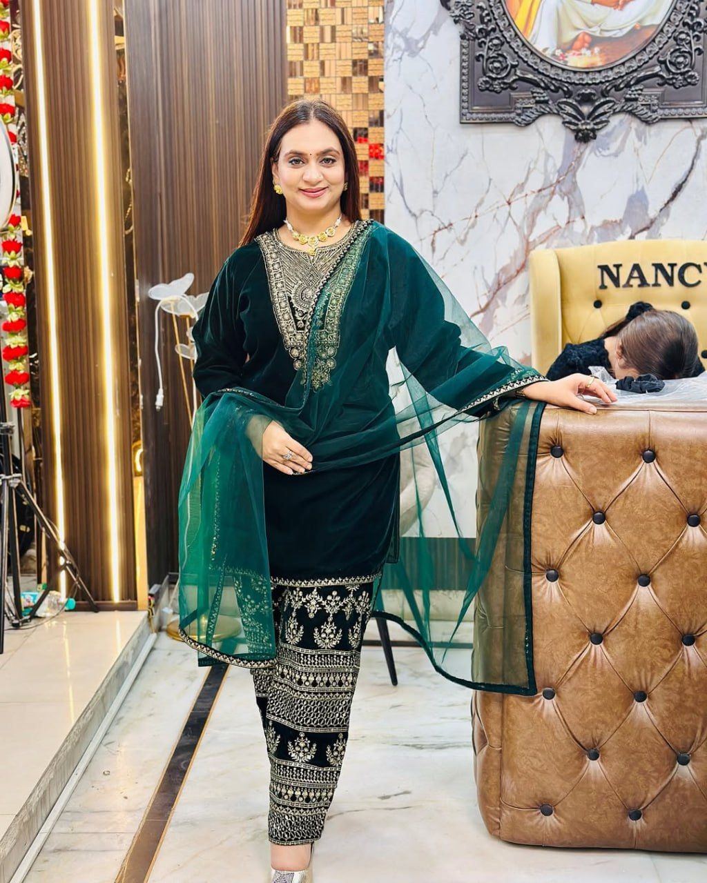 Lehenga Mart Styleylish Velvet Sequence Embroidery Work Suit Pant With Dupatta -Green - Distacart
