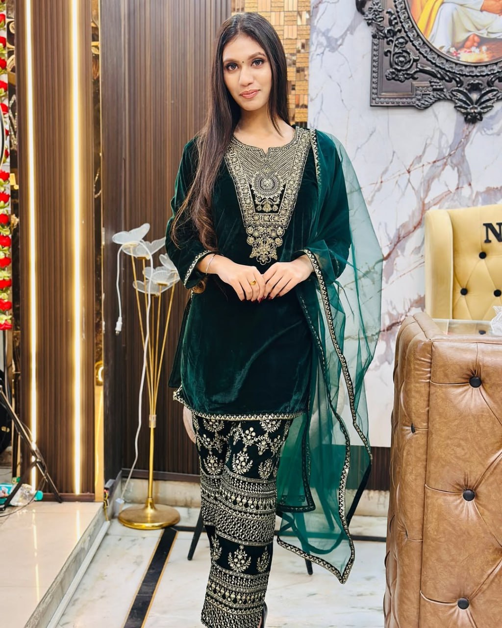 Lehenga Mart Styleylish Velvet Sequence Embroidery Work Suit Pant With Dupatta -Green - Distacart