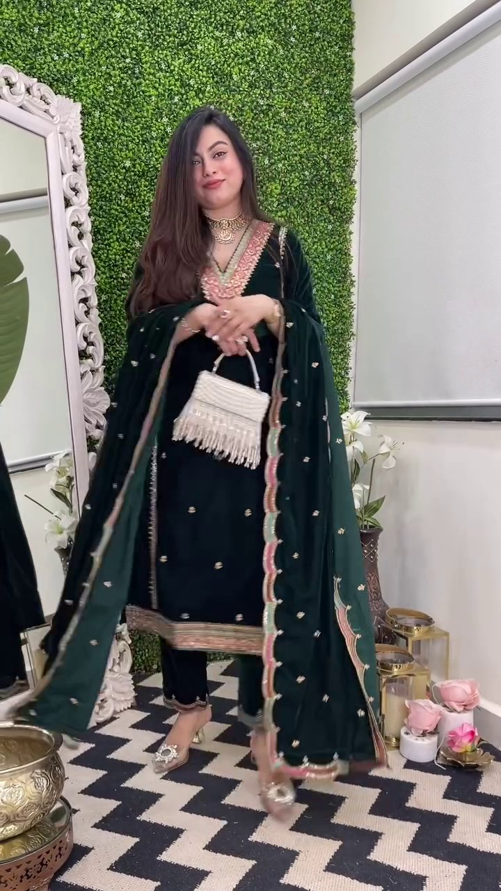 Lehenga Mart Designer Heavy Pure Viscose Velvet Top Pant & Dupatta Set-Green - Distacart