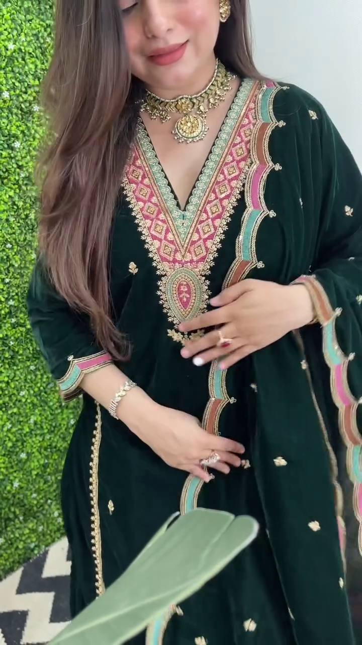 Lehenga Mart Designer Heavy Pure Viscose Velvet Top Pant & Dupatta Set-Green - Distacart