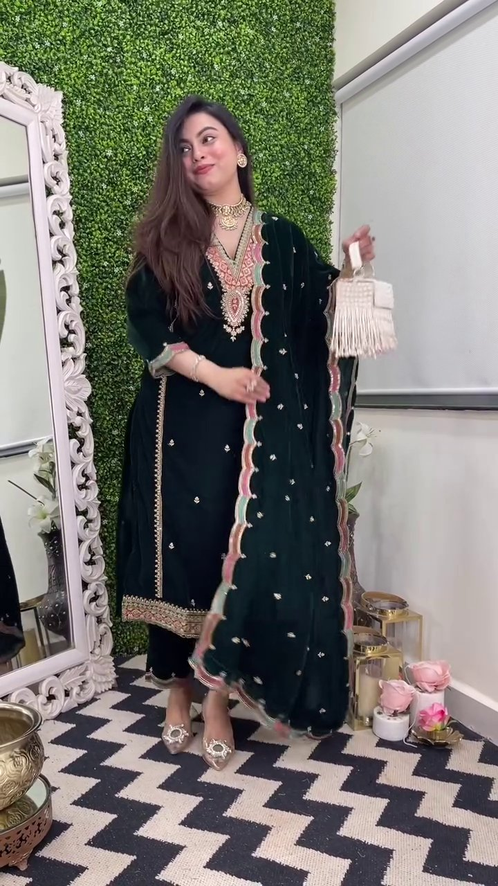 Lehenga Mart Designer Heavy Pure Viscose Velvet Top Pant & Dupatta Set-Green - Distacart