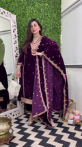 Lehenga Mart Designer Heavy Pure Viscose Velvet Top Pant & Dupatta Set-Purple - Distacart