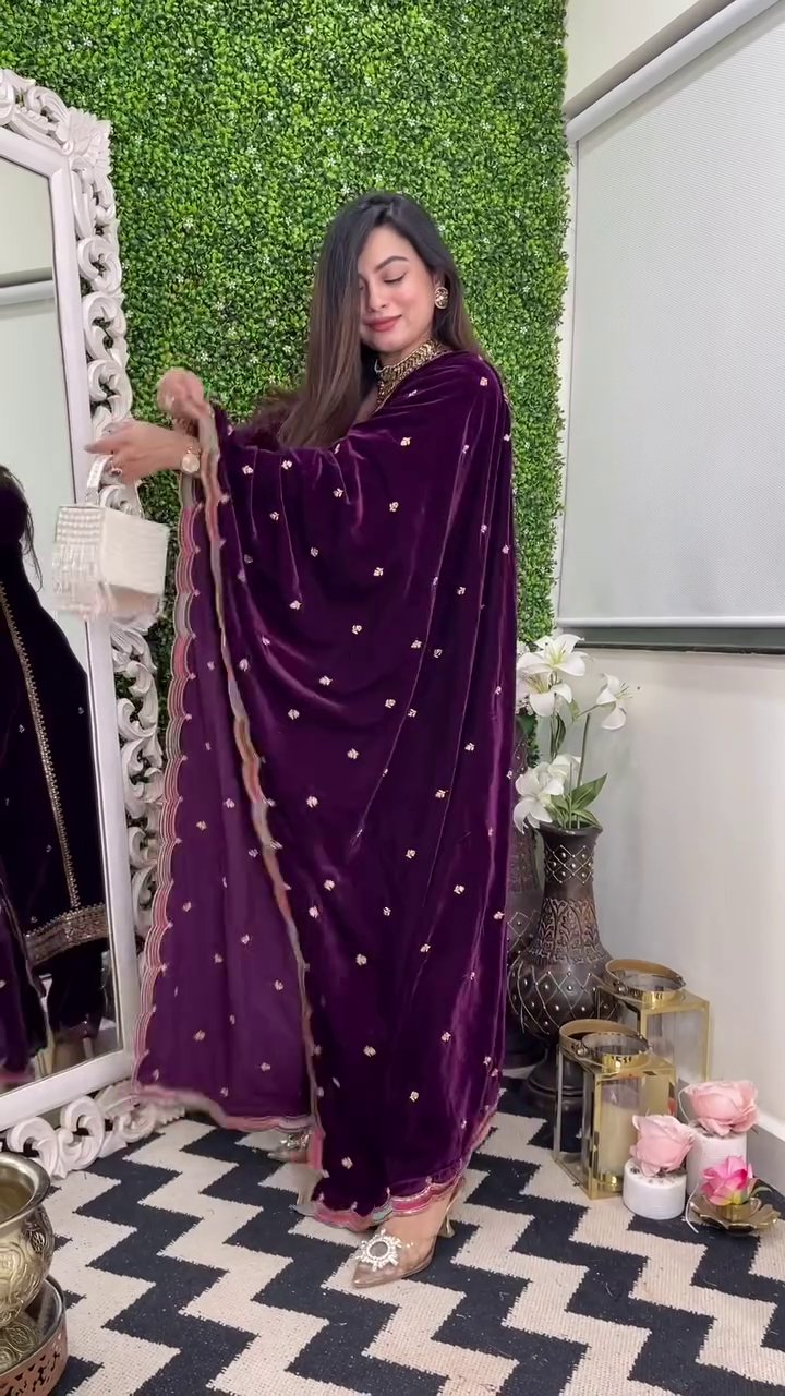 Lehenga Mart Designer Heavy Pure Viscose Velvet Top Pant & Dupatta Set-Purple - Distacart