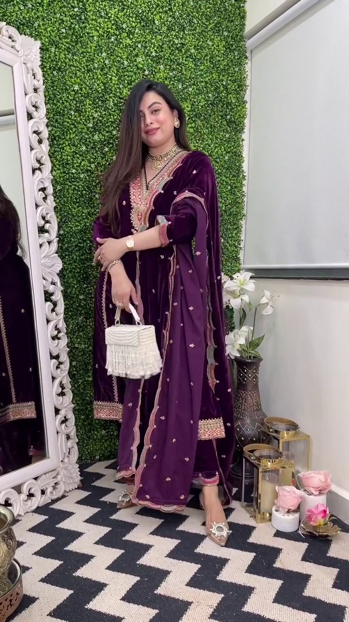 Lehenga Mart Designer Heavy Pure Viscose Velvet Top Pant & Dupatta Set-Purple - Distacart