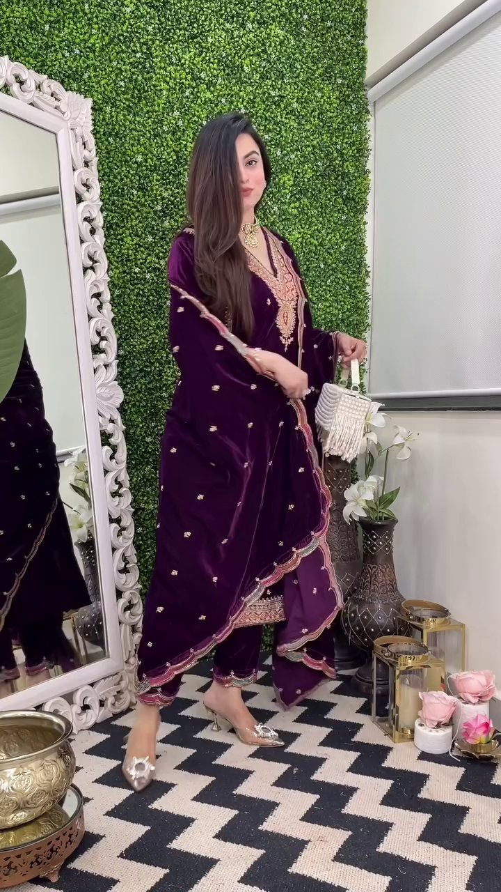 Lehenga Mart Designer Heavy Pure Viscose Velvet Top Pant & Dupatta Set-Purple - Distacart