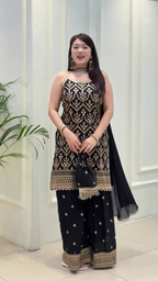 Lehenga Mart Designer Sequence Embroidery Top And Palazzo With Dupatta Set-Black - Distacart