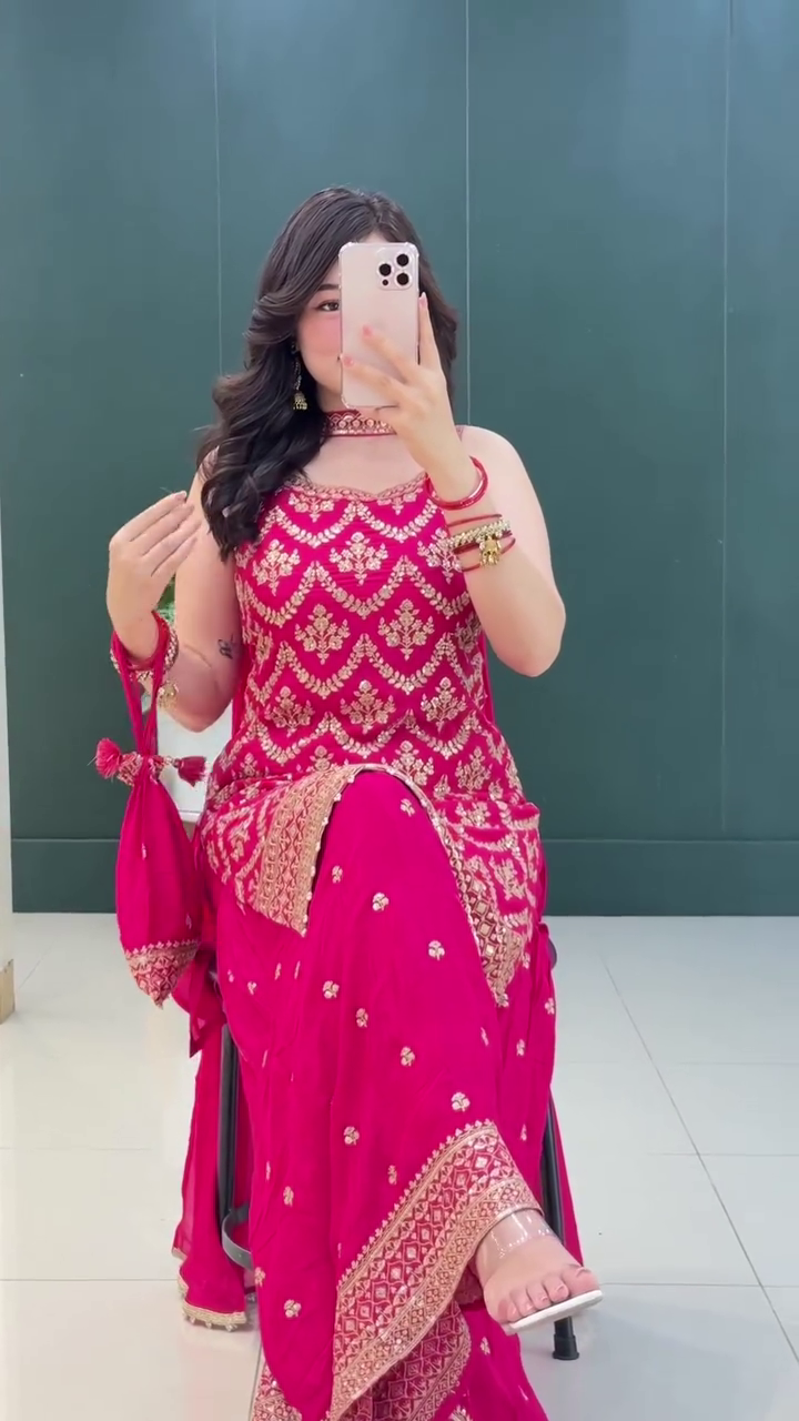 Lehenga Mart Designer Sequence Embroidery Top And Palazzo With Dupatta Set-Pink - Distacart