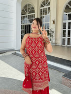 Lehenga Mart Designer Sequence Embroidery Top And Palazzo With Dupatta Set-Red - Distacart