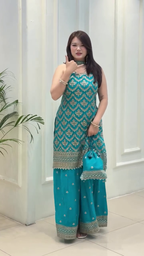 Lehenga Mart Designer Sequence Embroidery Top And Palazzo With Dupatta Set-Sky Blue - Distacart