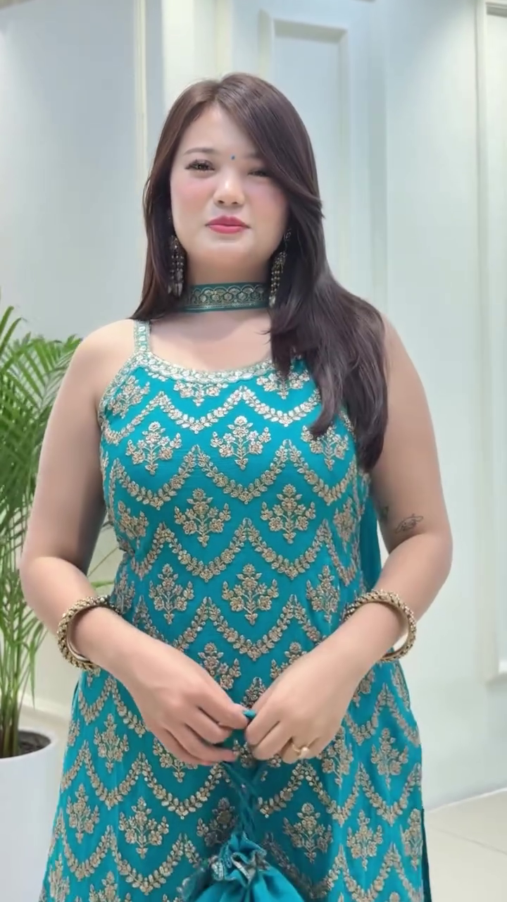 Lehenga Mart Designer Sequence Embroidery Top And Palazzo With Dupatta Set-Sky Blue - Distacart