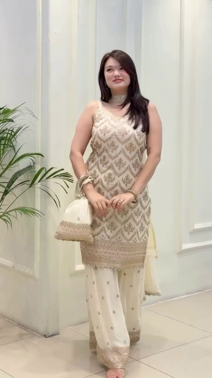 Lehenga Mart Designer Sequence Embroidery Top And Palazzo With Dupatta Set-White - Distacart