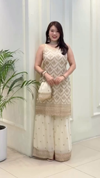 Lehenga Mart Designer Sequence Embroidery Top And Palazzo With Dupatta Set-White - Distacart