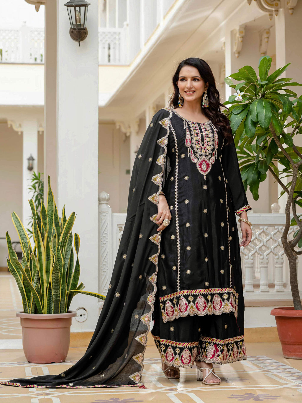 Lehenga Mart Designer Sequence Embroidery On Silk Fabric Top And Palazzo With Dupatta-Black - Distacart