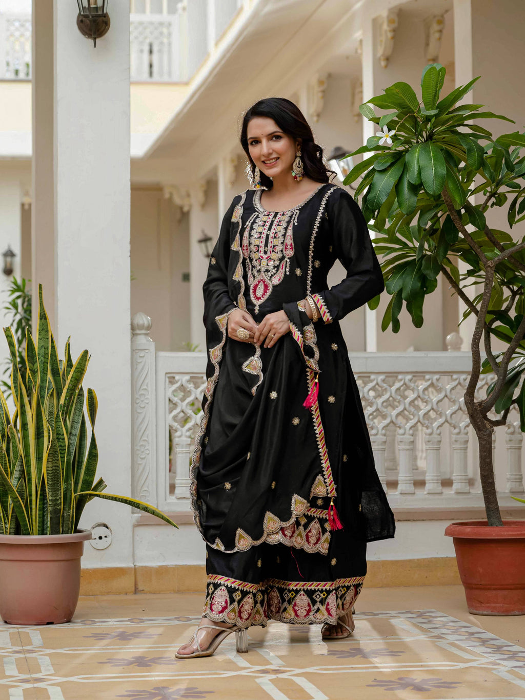 Lehenga Mart Designer Sequence Embroidery On Silk Fabric Top And Palazzo With Dupatta-Black - Distacart