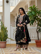 Lehenga Mart Designer Sequence Embroidery On Silk Fabric Top And Palazzo With Dupatta-Black - Distacart