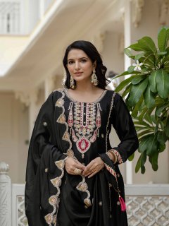 Lehenga Mart Designer Sequence Embroidery On Silk Fabric Top And Palazzo With Dupatta-Black - Distacart
