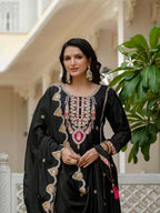 Lehenga Mart Designer Sequence Embroidery On Silk Fabric Top And Palazzo With Dupatta-Black - Distacart