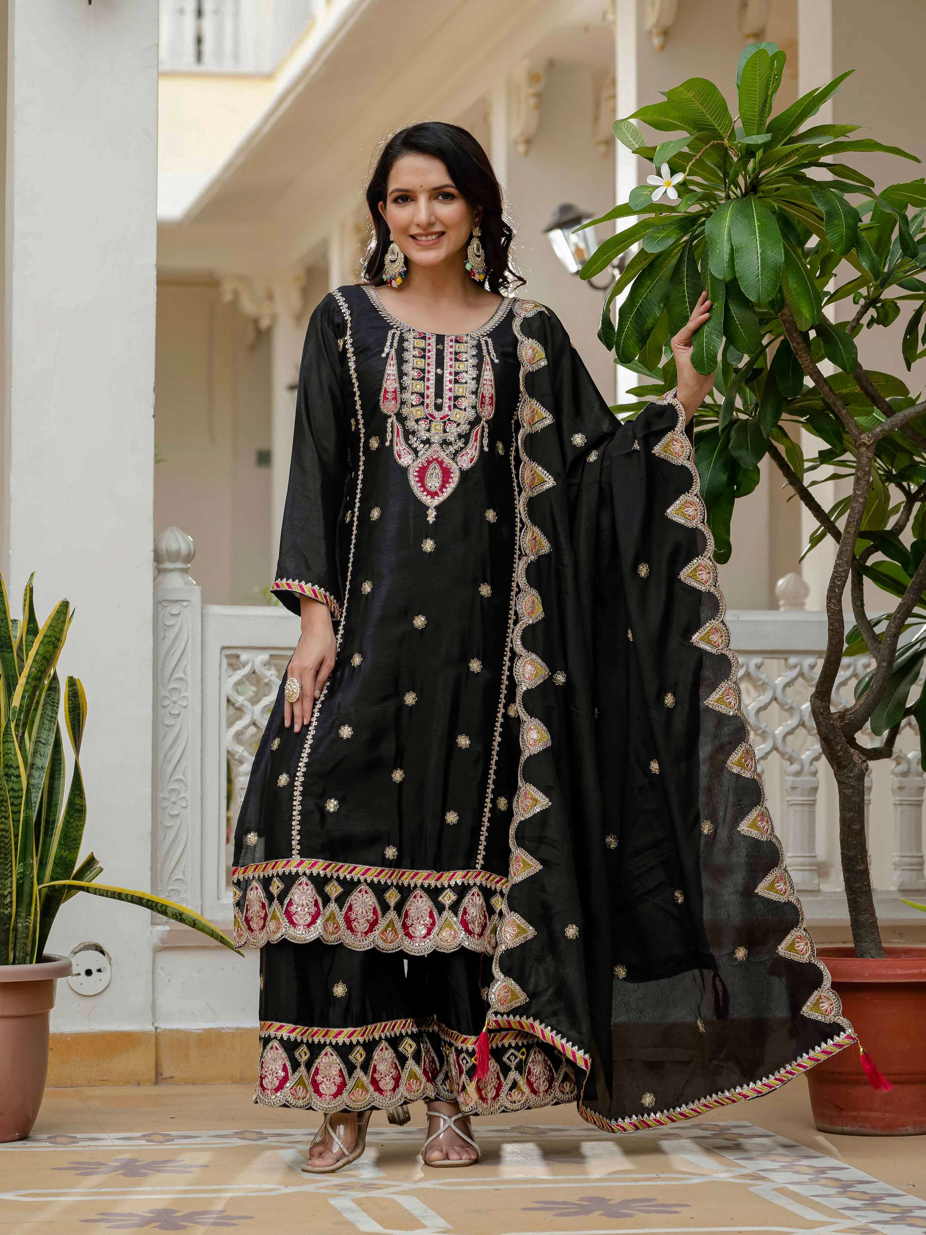 Lehenga Mart Designer Sequence Embroidery On Silk Fabric Top And Palazzo With Dupatta-Black - Distacart