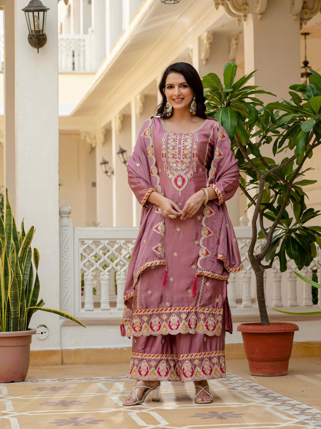 Lehenga Mart Designer Sequence Embroidery On Silk Fabric Top And Palazzo With Dupatta-Multicolor - Distacart