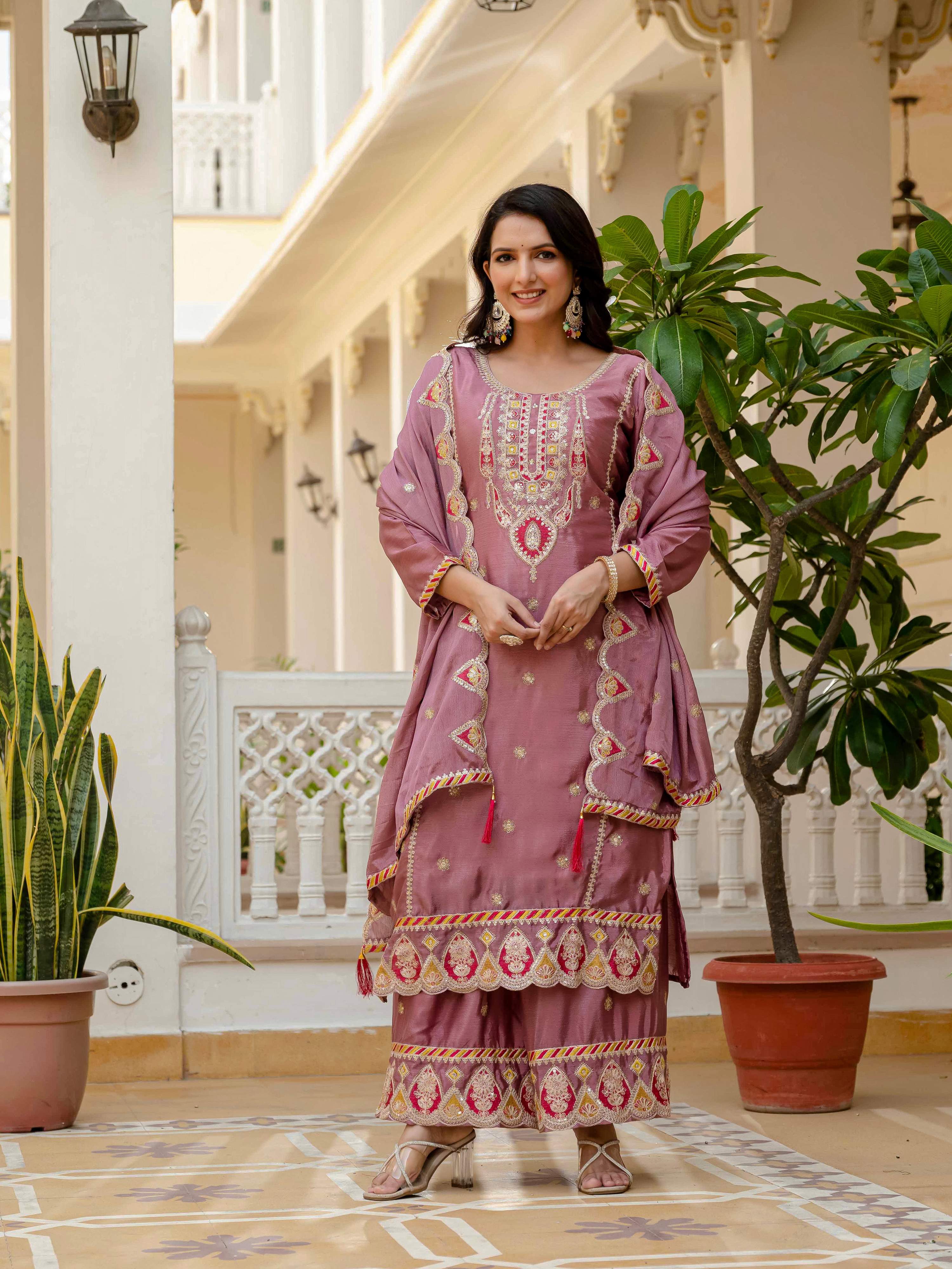 Lehenga Mart Designer Sequence Embroidery On Silk Fabric Top And Palazzo With Dupatta-Multicolor - Distacart