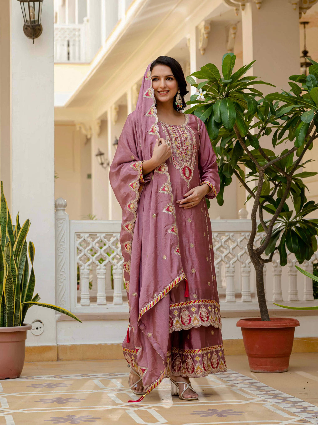 Lehenga Mart Designer Sequence Embroidery On Silk Fabric Top And Palazzo With Dupatta-Multicolor - Distacart