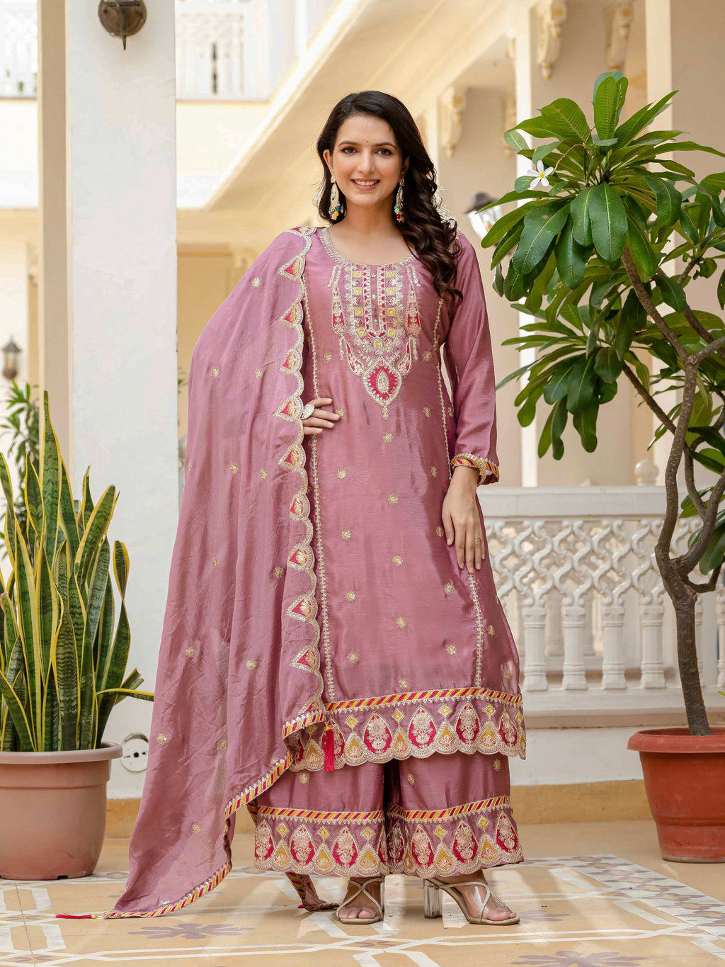 Lehenga Mart Designer Sequence Embroidery On Silk Fabric Top And Palazzo With Dupatta-Multicolor - Distacart