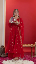 Lehenga Mart Designer Embroidery Sequence Work Gown Palazzo With Dupatta Set-Red - Distacart