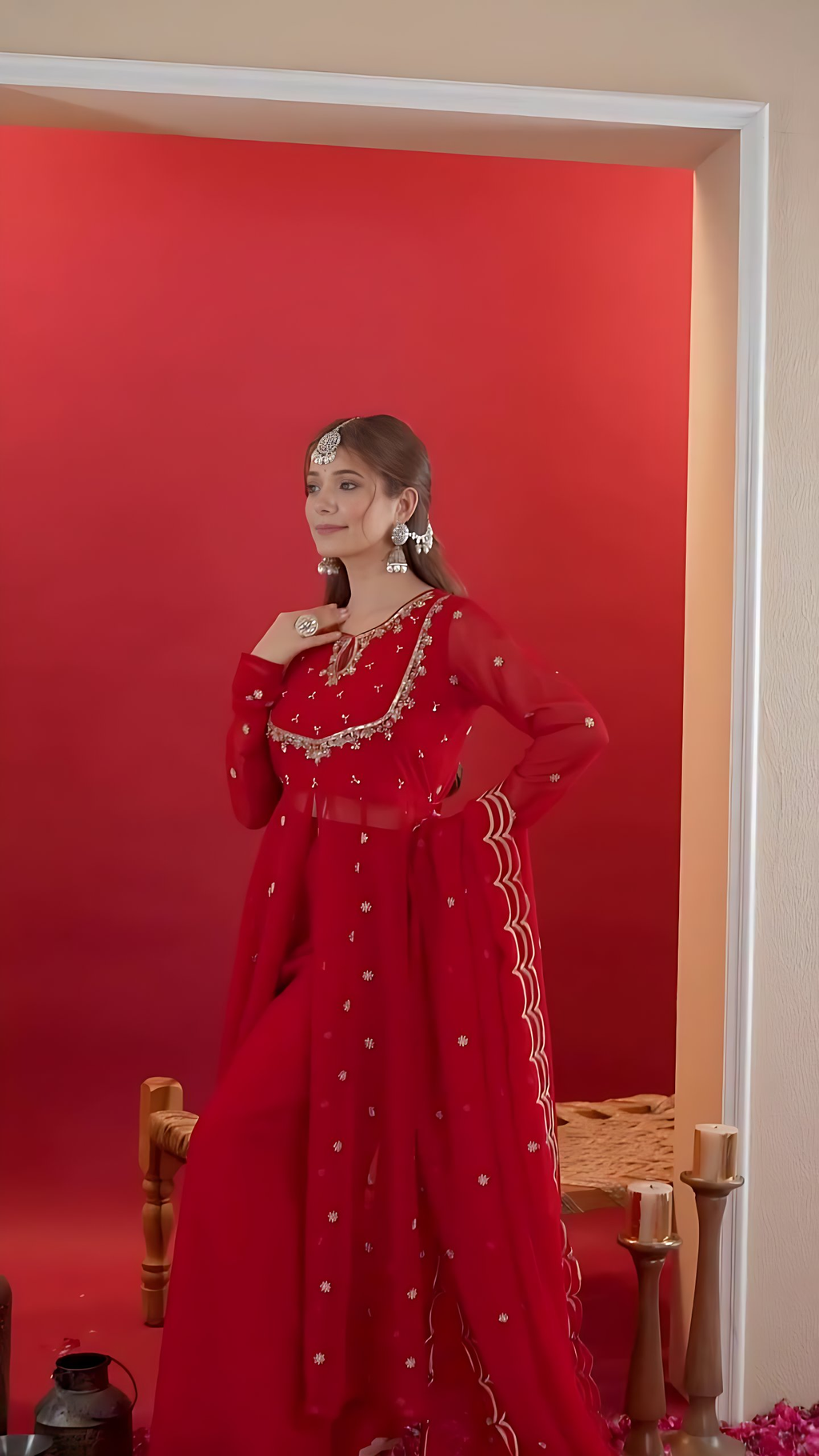 Lehenga Mart Designer Embroidery Sequence Work Gown Palazzo With Dupatta Set-Red - Distacart