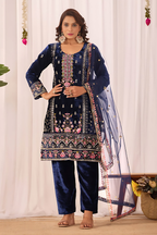 Lehenga Mart Designer Velvet Sequence Embroidery Work Suit Pant With Dupatta Set-Blue - Distacart