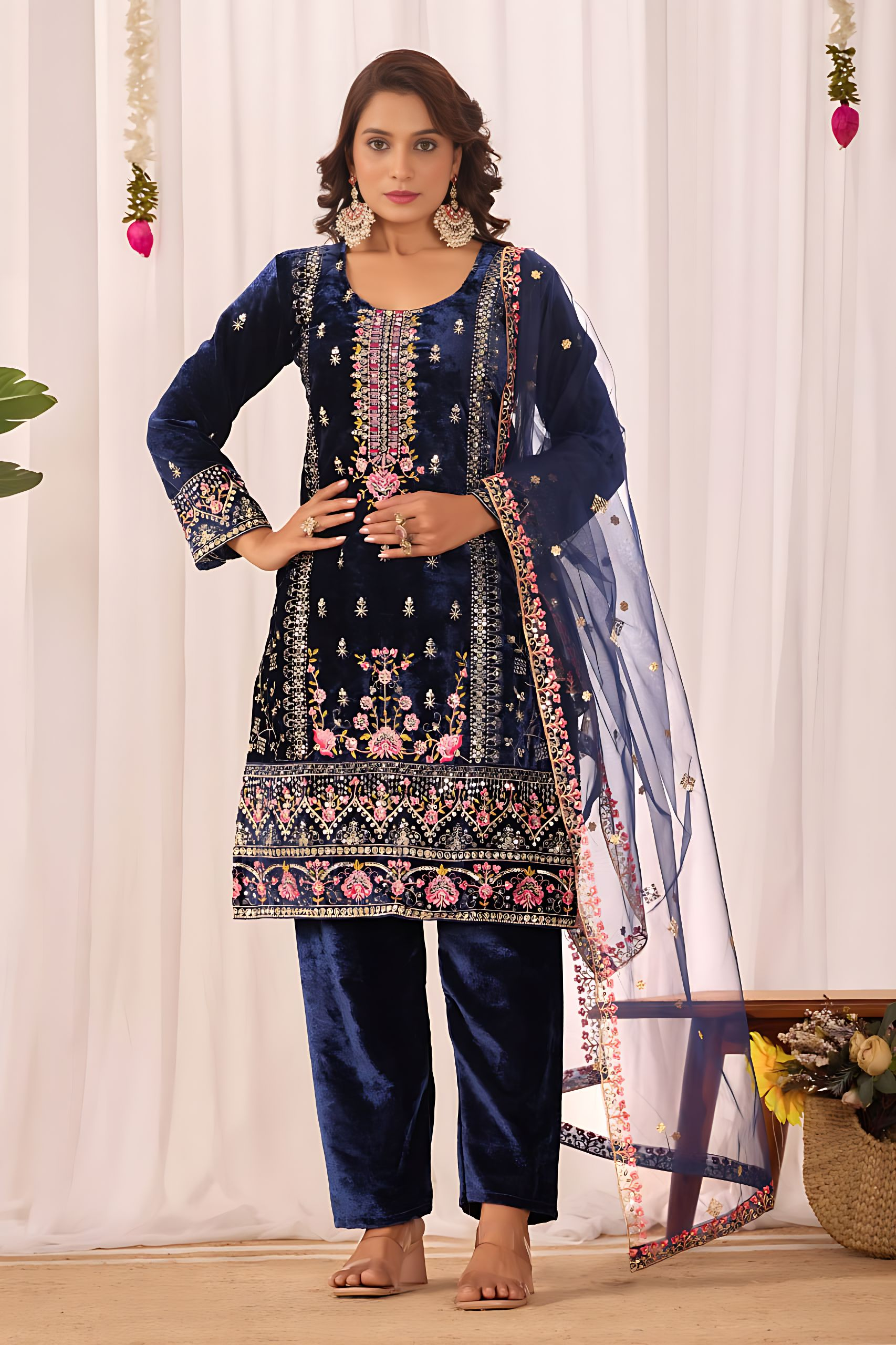 Lehenga Mart Designer Velvet Sequence Embroidery Work Suit Pant With Dupatta Set-Blue - Distacart