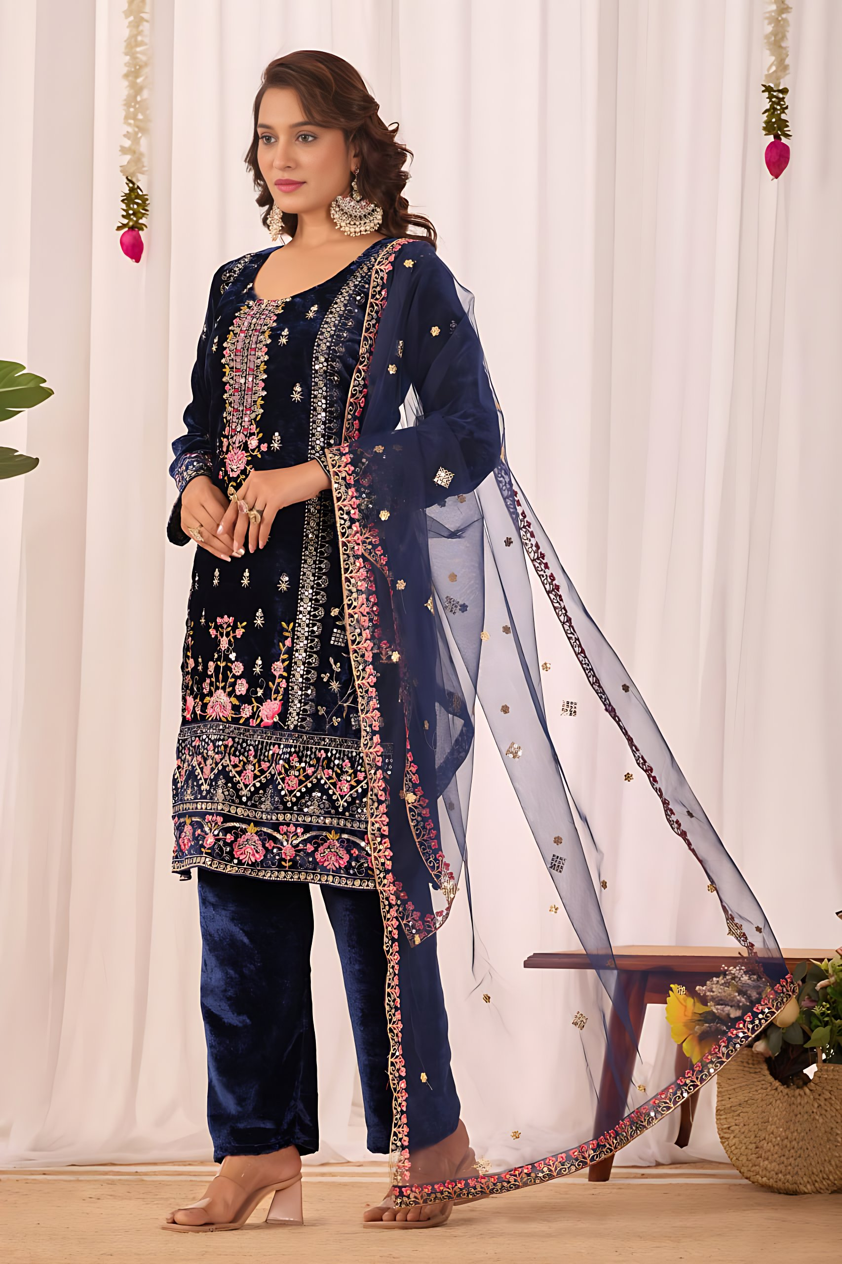 Lehenga Mart Designer Velvet Sequence Embroidery Work Suit Pant With Dupatta Set-Blue - Distacart
