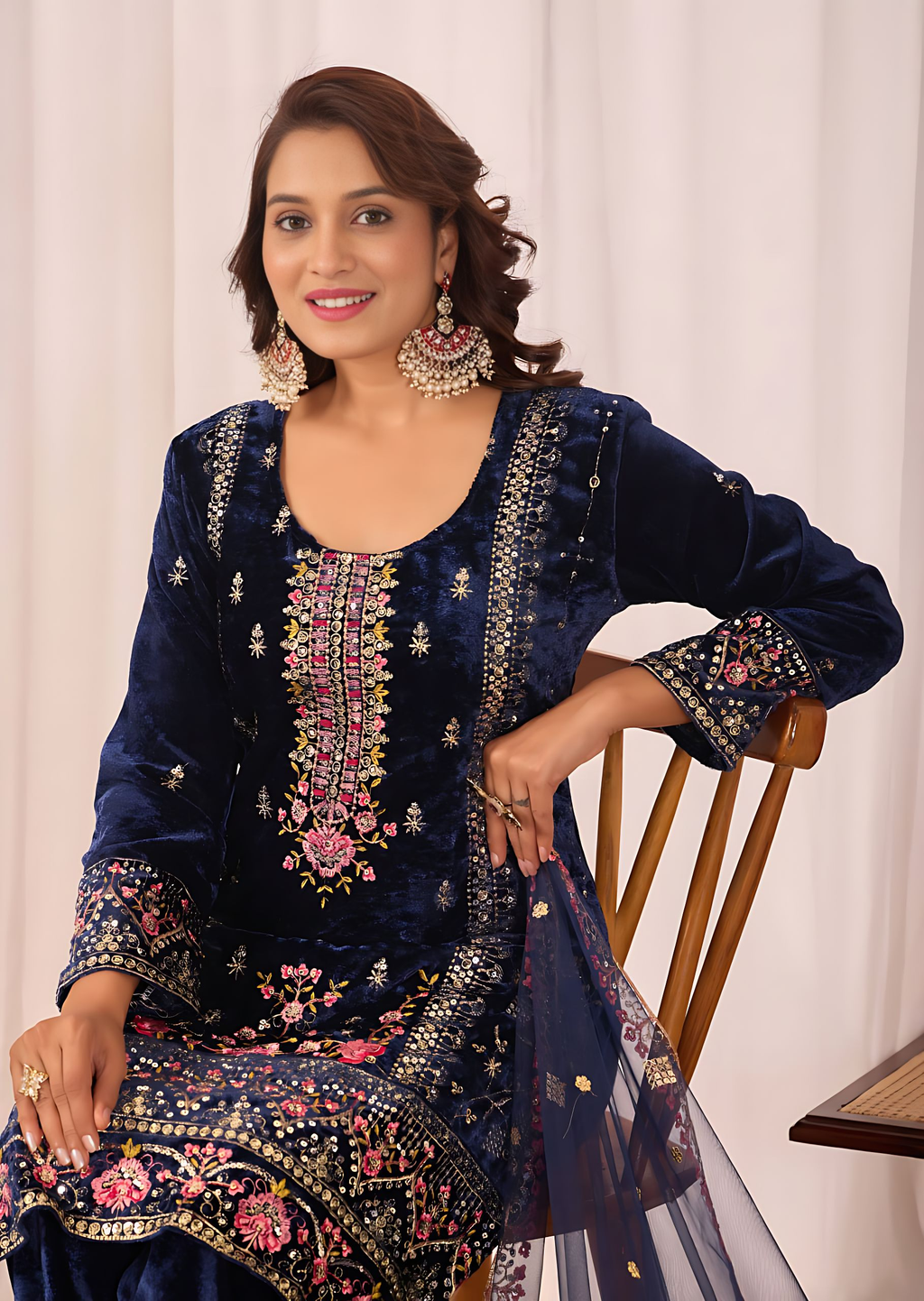 Lehenga Mart Designer Velvet Sequence Embroidery Work Suit Pant With Dupatta Set-Blue - Distacart