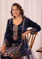 Lehenga Mart Designer Velvet Sequence Embroidery Work Suit Pant With Dupatta Set-Blue - Distacart