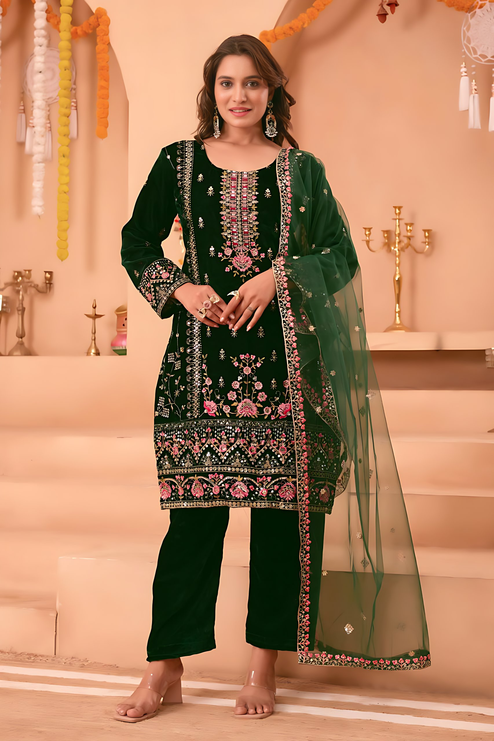 Lehenga Mart Designer Velvet Sequence Embroidery Work Suit Pant With Dupatta Set-Green - Distacart