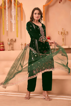 Lehenga Mart Designer Velvet Sequence Embroidery Work Suit Pant With Dupatta Set-Green - Distacart