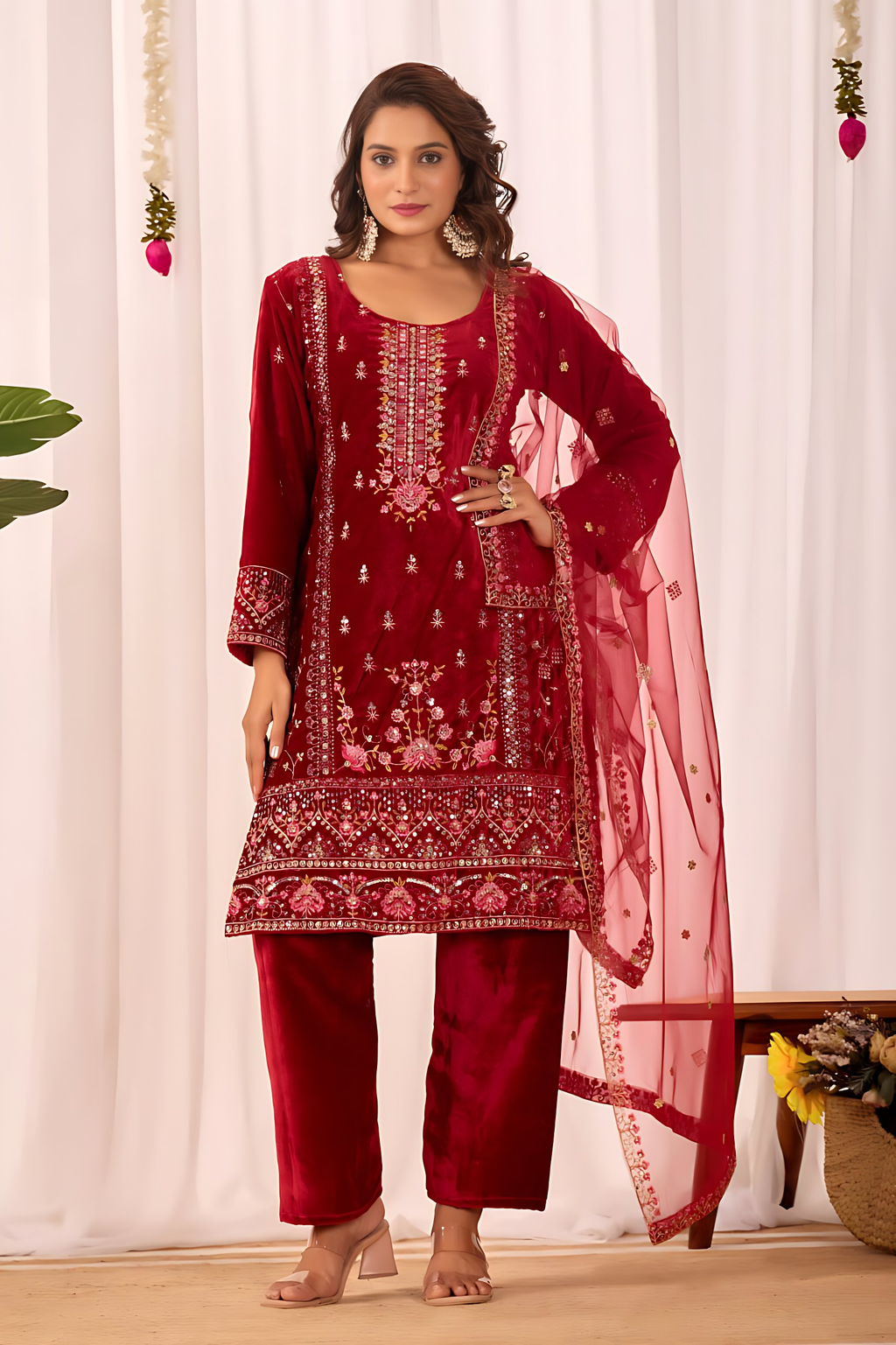 Lehenga Mart Designer Velvet Sequence Embroidery Work Suit Pant With Dupatta Set-Red - Distacart