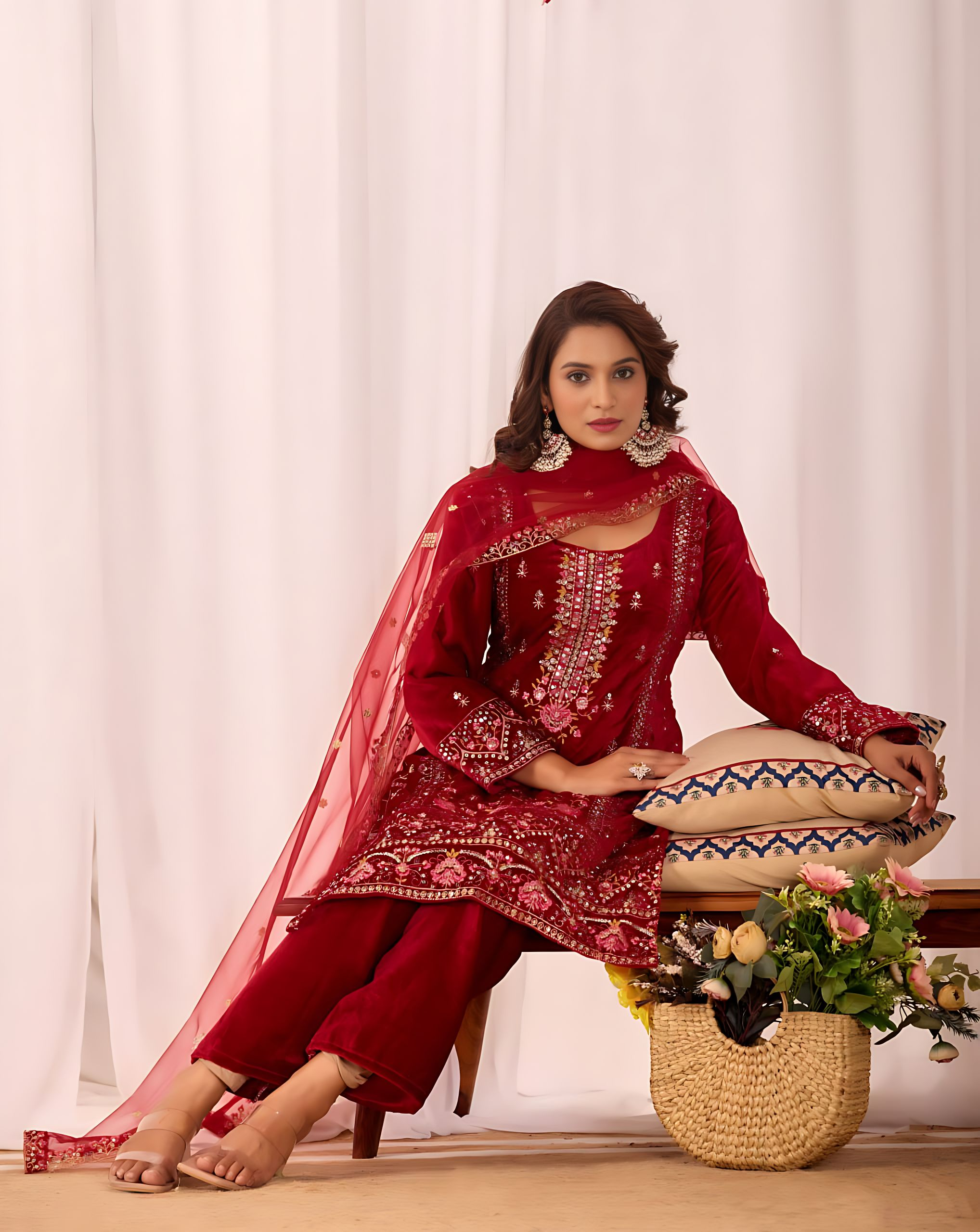 Lehenga Mart Designer Velvet Sequence Embroidery Work Suit Pant With Dupatta Set-Red - Distacart
