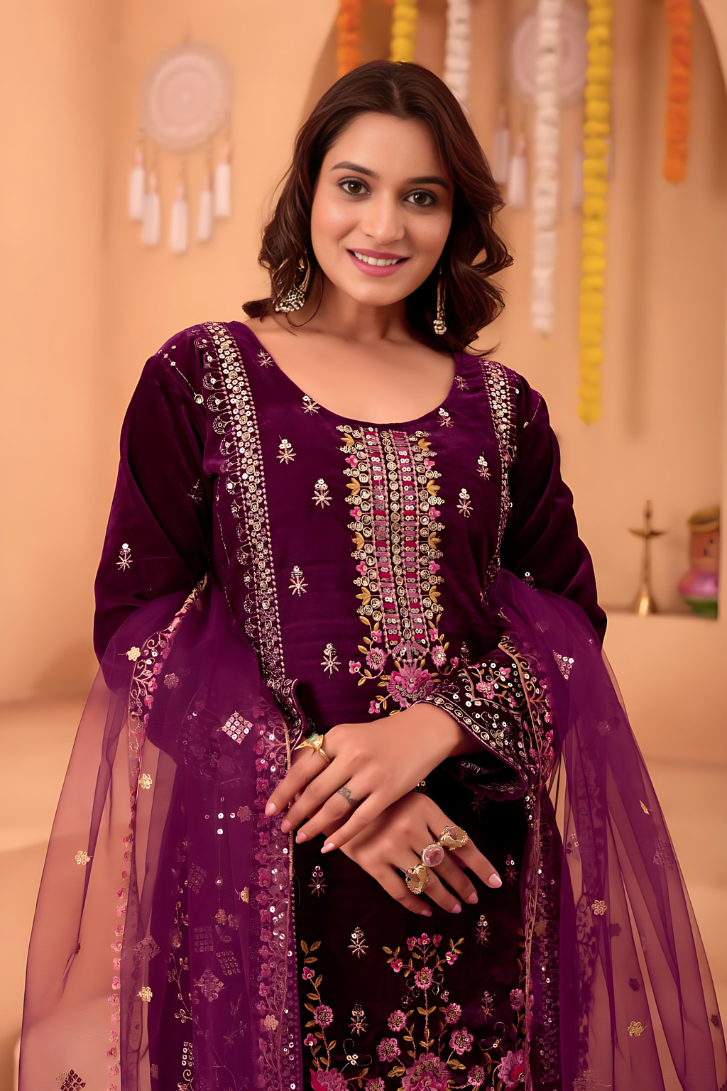 Lehenga Mart Designer Velvet Sequence Embroidery Work Suit Pant With Dupatta Set-Wine - Distacart