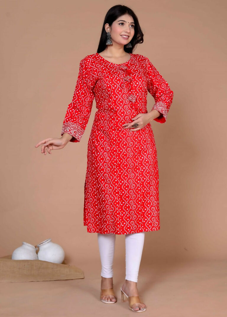 Miravan Women's Festive Wear Red Bandhani Printed Straight Kurta